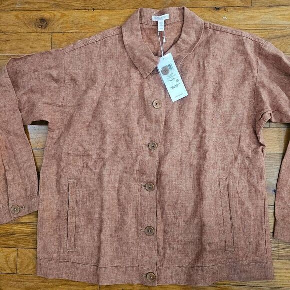 Eileen Fisher Organic Linen Delave Classic Collar Jacket Cinnamon Petite - Picture 7 of 10